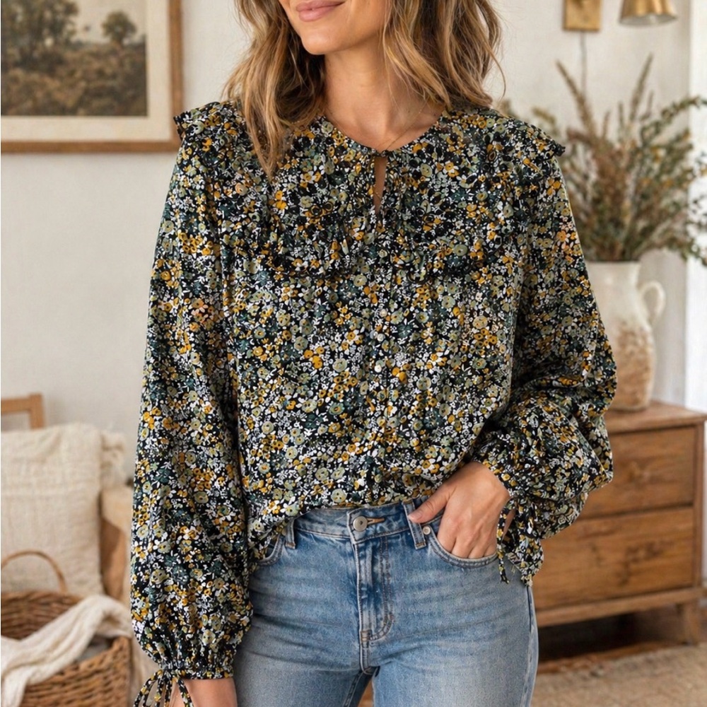 Floral Ruffle Peter Pan Collar Blouse 100% Cotton Button Down Medium Cottage